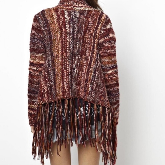 Free People Burgundy fringe open knit cardigan size small - Picture 2 of 6